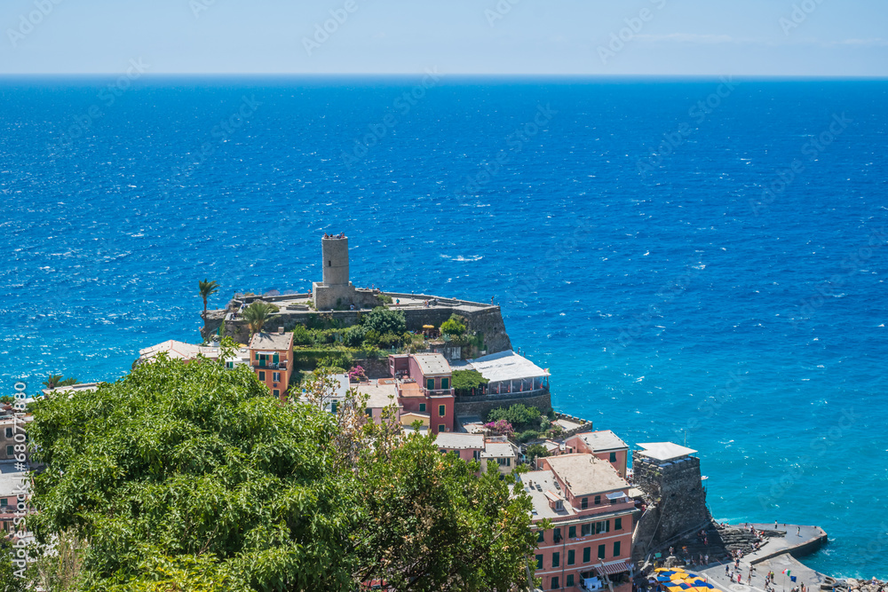 Aerial view of Doria castle the medieval fortress and blue mediterranean sea, Vernazza ITALY