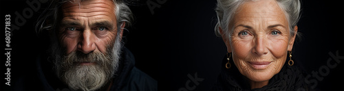 close-up portrait of a gray bearded man and a gray-haired woman with deep wrinkles on a black background. banner, free space for text.  photo