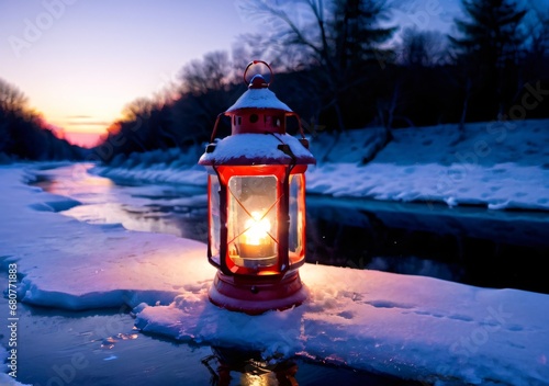 A Christmas Lantern Beside A Frozen Creek, At Twilight. © Pixel Matrix
