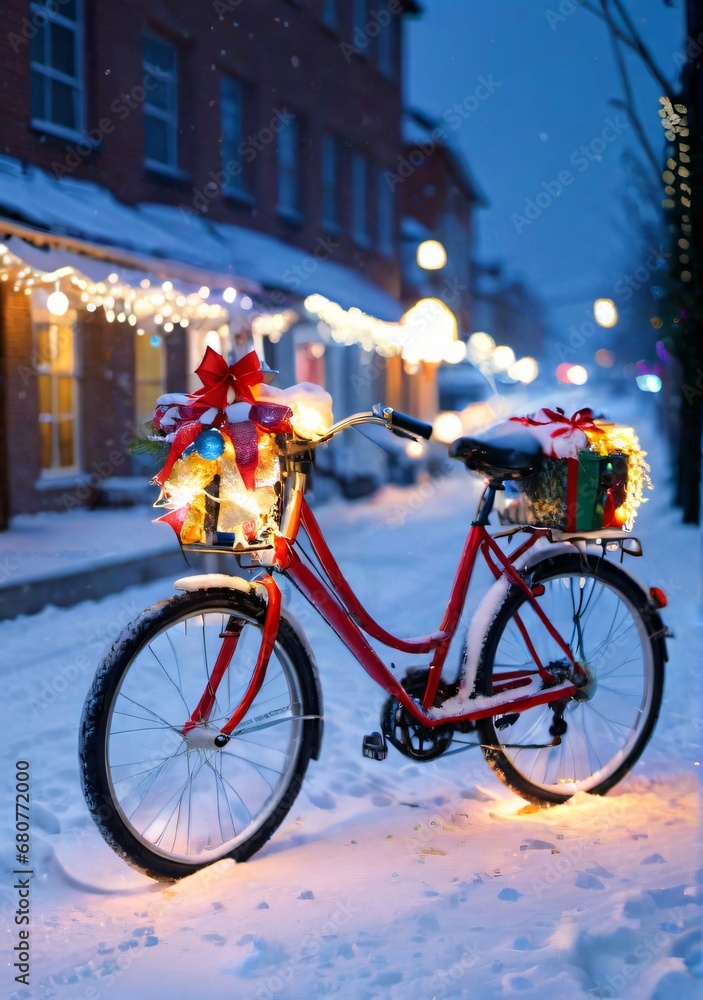Christmas Lights On A Bicycle, Parked In A Snowy Street At Evening.