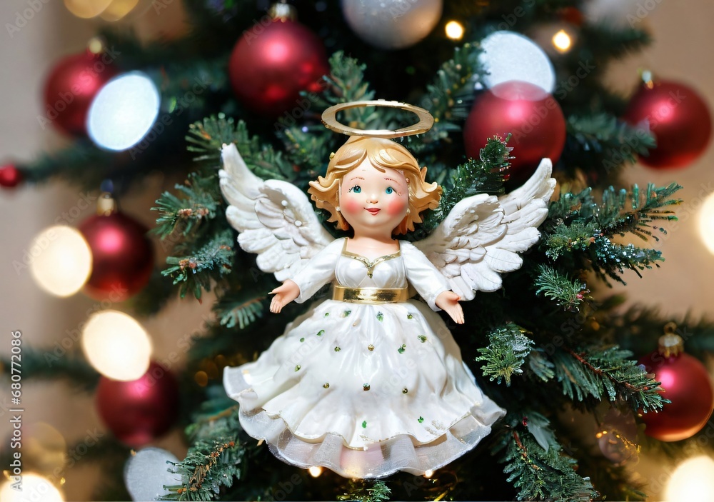 A Christmas Tree Angel Topper, With A High Camera Angle. A Christmas Tree Angel Topper, With A High Camera Angle.