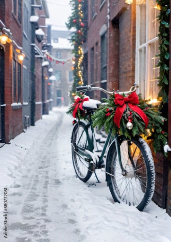 A Christmas Garland On A Vintage Bicycle, Parked In A Snowy Alley.
