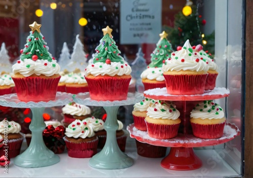 A Christmas Cake Stand With Festive Cupcakes  In A Bakery Window.