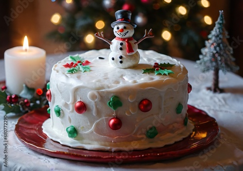 A Christmas Cake With A Snowman Design  In A Softly Lit Dining Room.