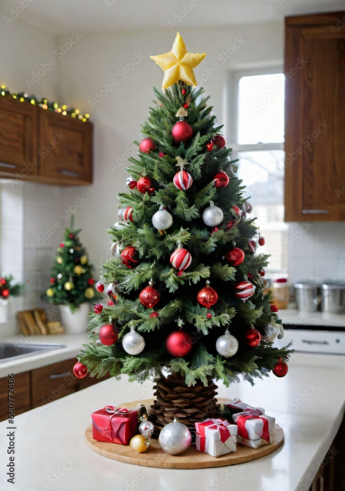 A Christmas Tree With Edible Decorations, In A Kitchen Setting.