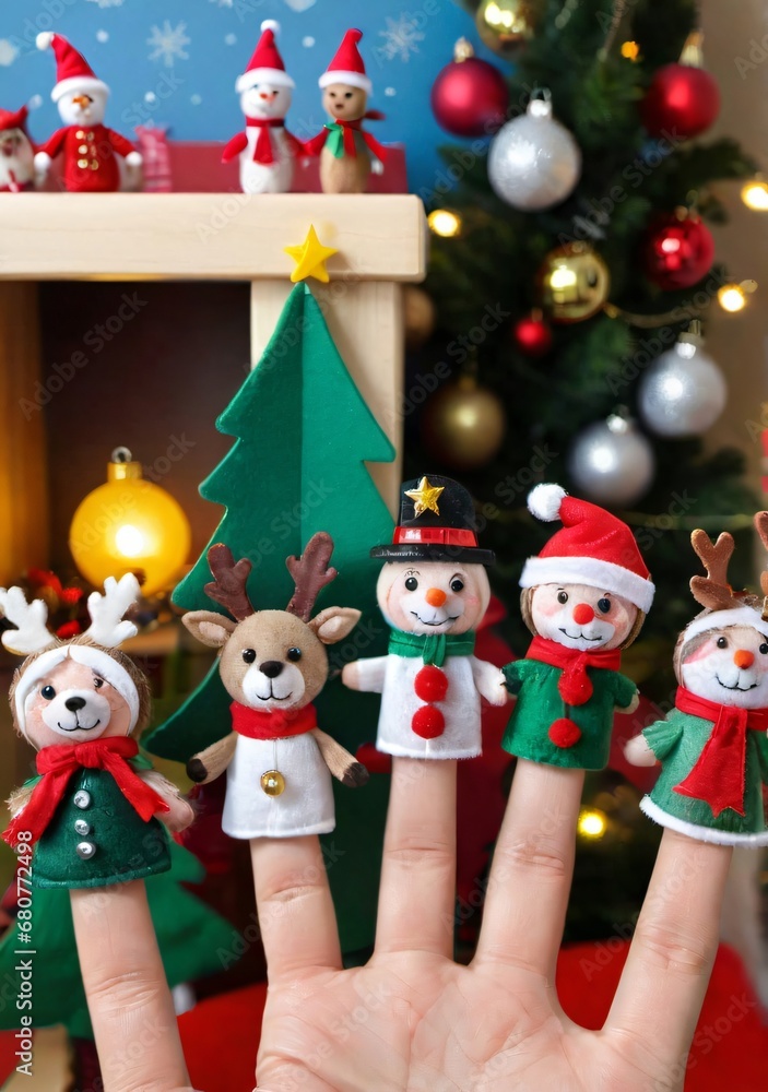Fototapeta premium Christmas-Themed Finger Puppets In A Children'S Playroom, With A Festive Backdrop.