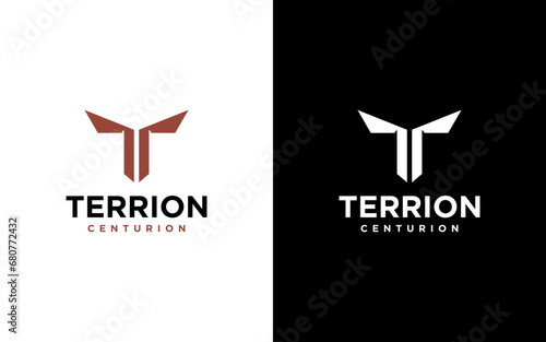 centurion warrior and letter t logo design element- security business visual identity template
