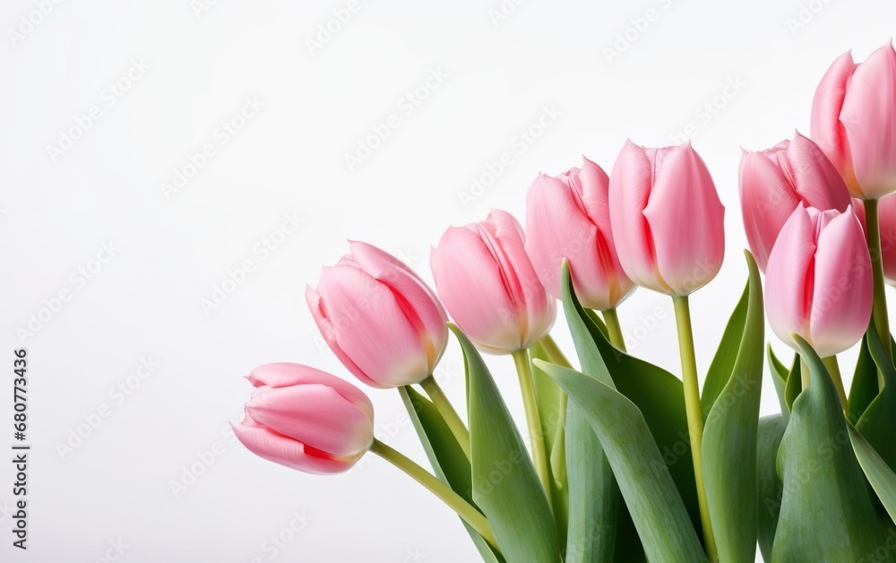 Happy start of spring. Beautiful photorealistic pink tulips bouquet isolated on white background. Nice garden flowers. Copy space at the left. Pastel colors. Fresh sale banner design. AI Generative.