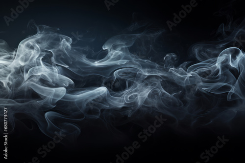 Smoke, incense or gas in a studio with dark background by mockup space for magic effect with abstract. Fog, steam or vapor mist moving in air for cloud smog pattern by black backdrop with banner.