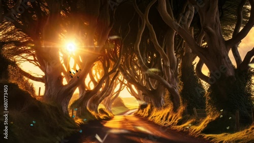 The Dark Hedges in Northern Ireland at sunset seamless looping 4K time-lapse virtual video animation background photo
