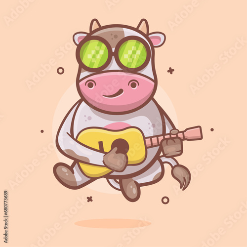 cool cow animal character mascot playing guitar isolated cartoon