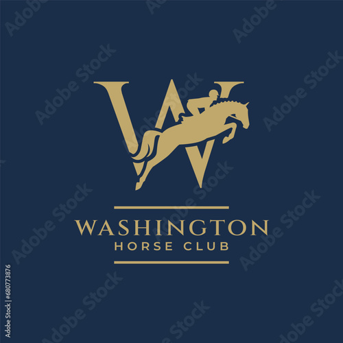Elegant luxury letter W monogram horse jumping logo, letter W horse logo, show jumping horse logo, logo type, typography