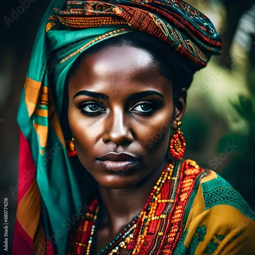 A sad Ethiopian beautiful young woman. Brightly colored clothing. Intense look.