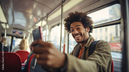 A man taking a selfie smiling while riding a bus
