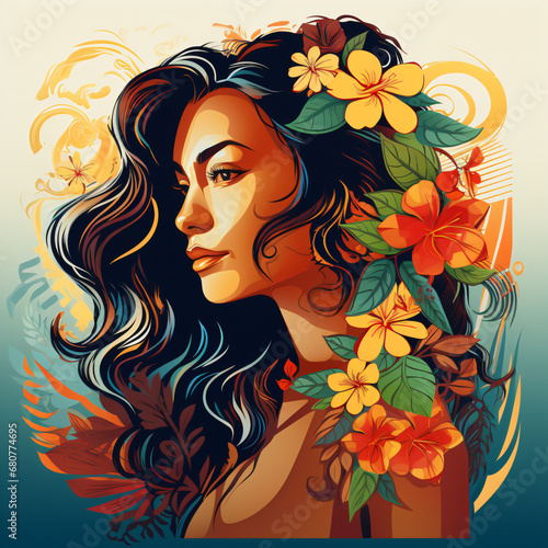 A painting of a polynesian woman with flowers in her hair flat design vector style illustration
