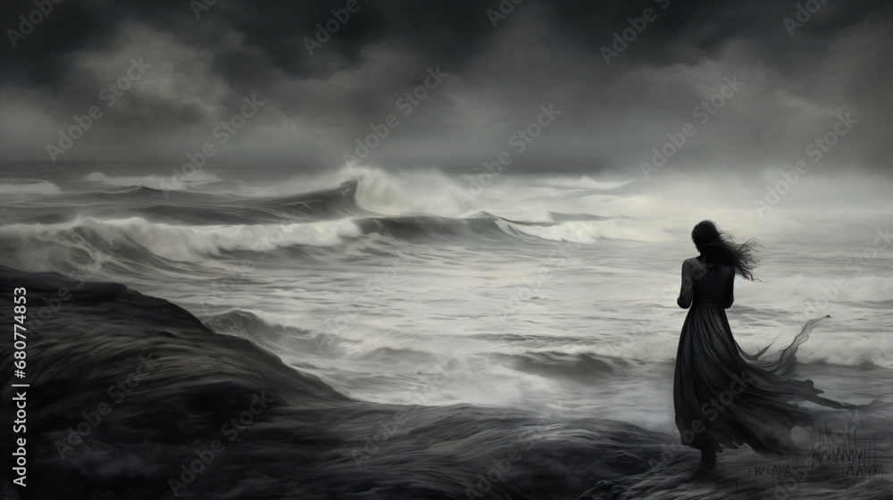 A woman in a long dress flowing standing in the ocean A woman in a long dress flowing standing in the ocean