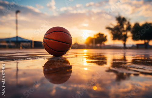 Basketball, outdoor and court with ball on floor for athletic competition or recreation low angle. Exercise, cardio and basketball court ground with sunset for sports, match or workout.