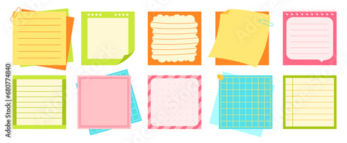 Paper sticky notes, Notepaper Sticker Notepads set. Sheet list posts, copybook page lined or grid. Stationery elements planning education writing blank organizer. Isolated cartoon vector illustration