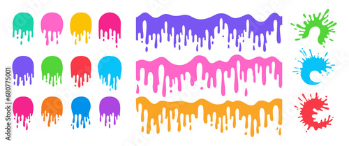 Splash paint splatter colorful cartoon set. Stain and splat flat collection, shapes liquids drop splatter. Different colored splashes and drops drips down ink collection. Isolated vector illustration