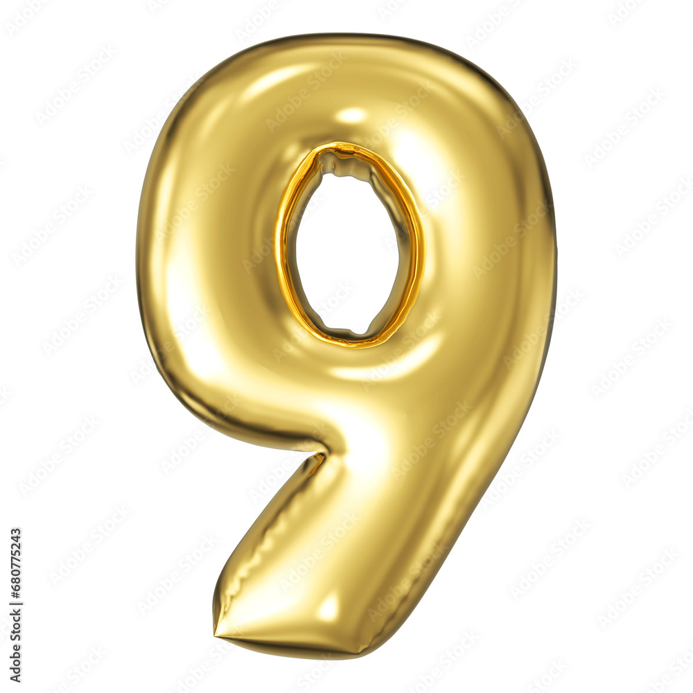 gold number 9 - balloon 3d render