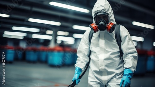 Man in hazmat suit and respirator spraying disinfectant in factory