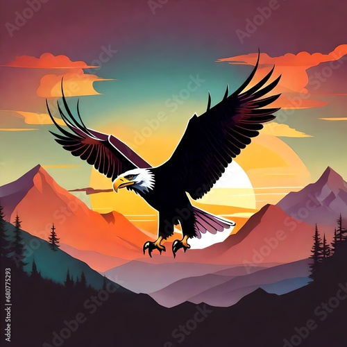 a vector style illustration of an american bald eagle on a black background at sunset suitable for a t-shirt design