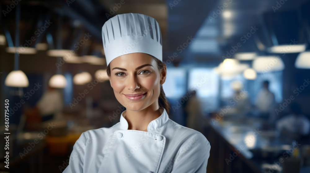 Head Chef, female and portrait of business woman standing arms crossed in a restaurant kitchen. Confident, skilled and professional worker looking at camera for owner, career or hospitality occupatio Head Chef, female and portrait of business woman standing arms crossed in a restaurant kitchen. Confident, skilled and professional worker looking at camera for owner, career or hospitality occupatio
