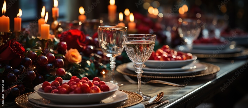 Festive table setting with wine glasses and fresh berries in a restaurant Festive table setting with wine glasses and fresh berries in a restaurant