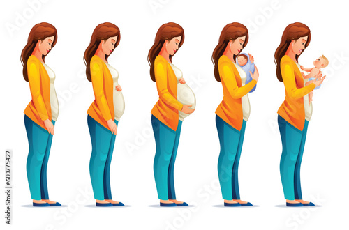 Pregnancy stages. Pregnant woman and newborn baby. Changes in woman body during pregnancy. Vector cartoon illustration