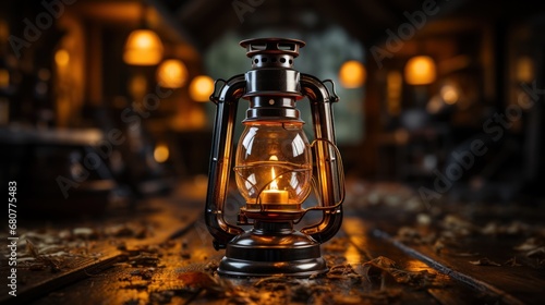 Lantern on a wooden table in a dark room at night photo