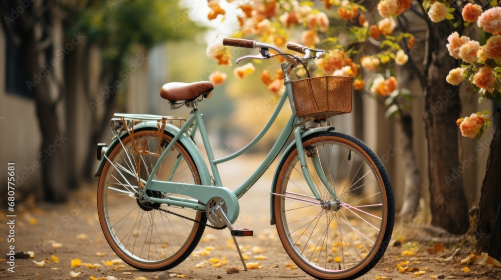 Vintage bicycle in the park with flowers in the basket, vintage tone