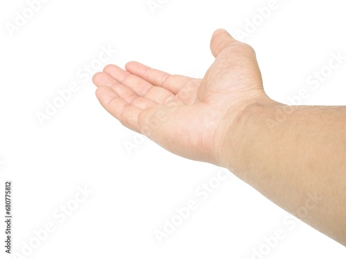 Male hands open and stretched forward on white background business concept.