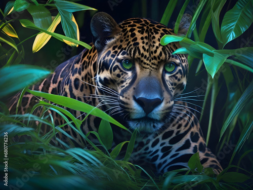 A captivating photograph captures a lone jaguar in the midst of a vibrant chiaroscuro neon jungle.