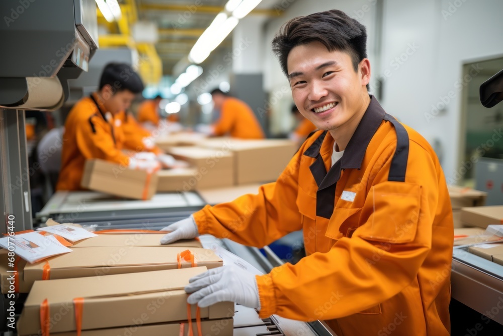 Asian male working in a package station. Generative AI. Asian male working in a package station. Generative AI.