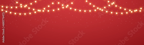 Christmas lights. Gold decoration on red background. Glowing garlands border. Luminous string for website or greeting card. Bright festive lamps. Yellow lights. Vector illustration