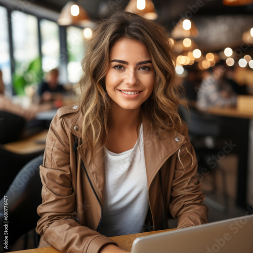 Woman and student with a laptop  cafe and typing with a smile  connection and online reading. Face  female person or girl in a restaurant  pc or technology with education  email and university.