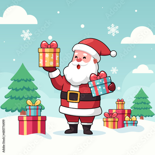 Smiling Santa Claus holding gift boxes on blue green sky background with Christmas trees, snowflakes, clouds, presents lying around on the ground. Vector cartoon illustration.
