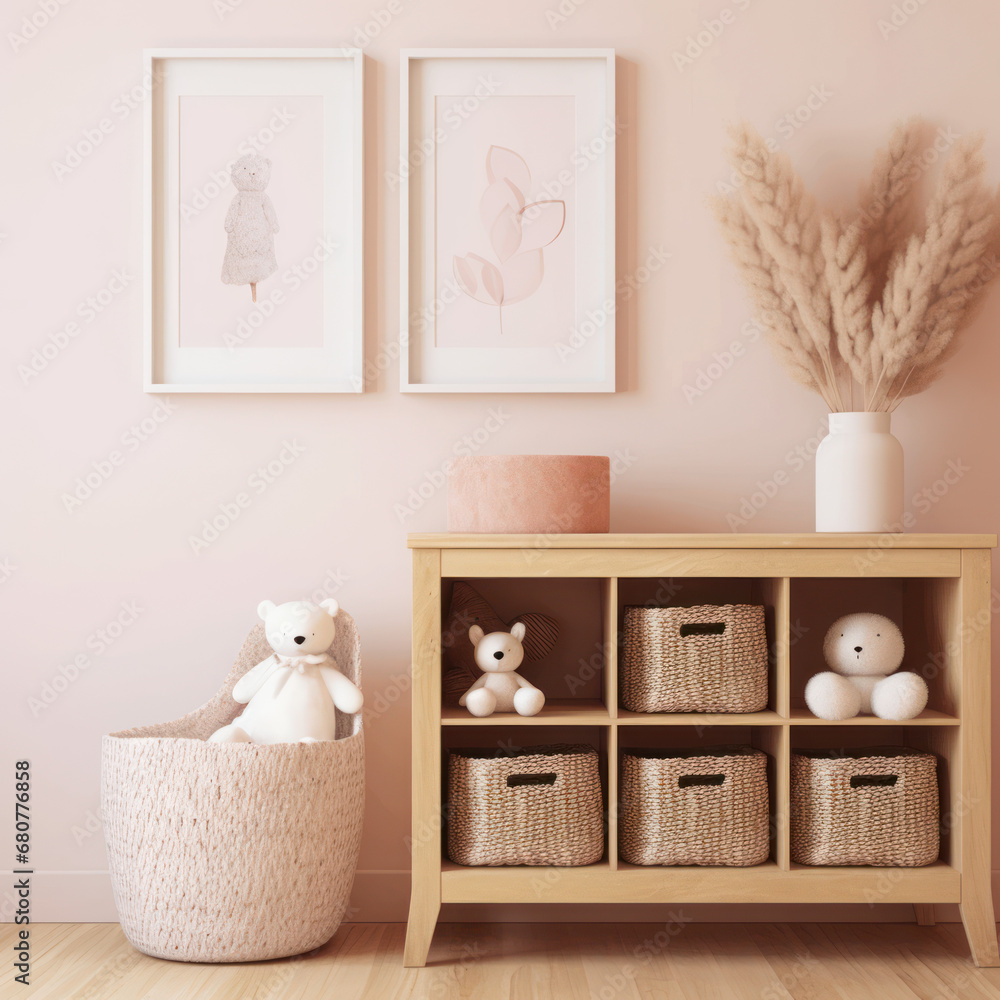 Obraz premium Pastel pink baby announcement nursery room setting. 
