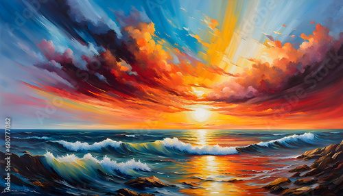 Beautiful abstract oil painting of a sunset landscape over the sea