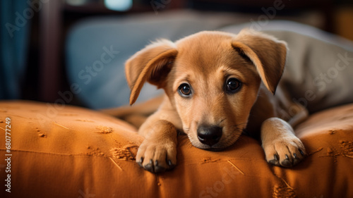 Cute little puppy lying on soft pillow indoors, AI Generative.
