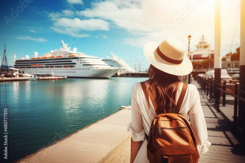 woman standing in front of a cruise ship, travel concept, cheerful,. generative ai photo