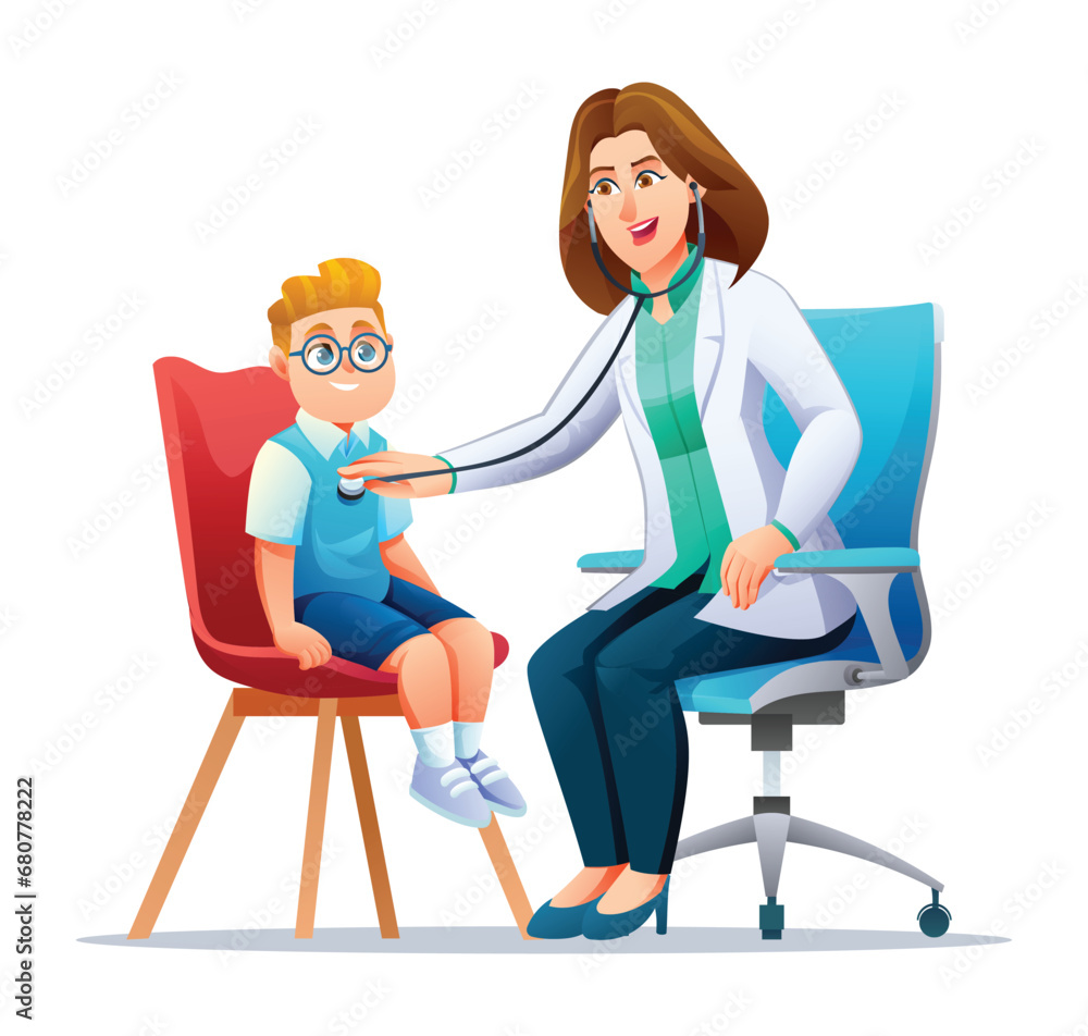 Pediatrician examines the chest of a little boy with a stethoscope. Vector cartoon character illustration Pediatrician examines the chest of a little boy with a stethoscope. Vector cartoon character illustration