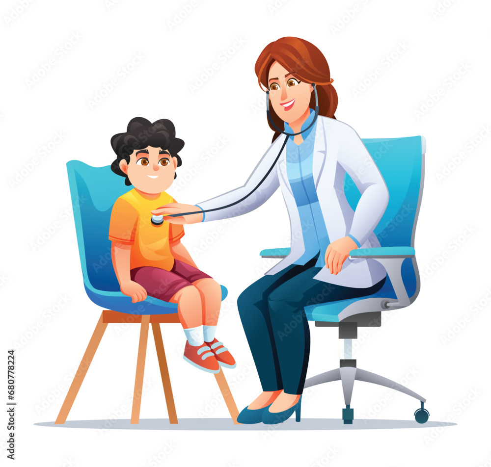 Female doctor examines the chest of a little boy with a stethoscope. Vector cartoon character illustration Female doctor examines the chest of a little boy with a stethoscope. Vector cartoon character illustration