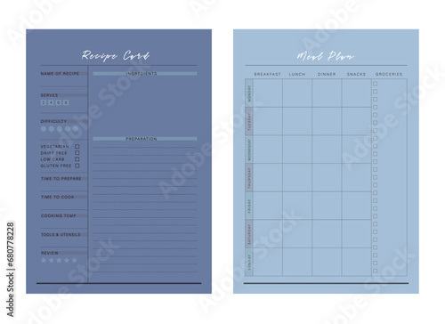 (Sky) Recipe Card and Meal Plan Planner. Minimalist planner template set. Vector illustration. 