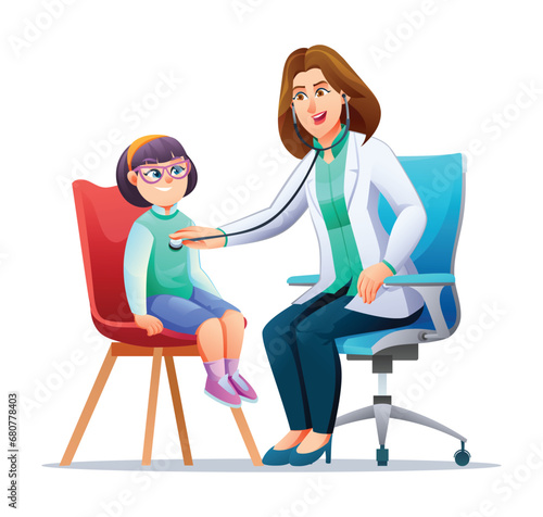Pediatrician examines the chest of a little girl with a stethoscope. Vector cartoon character illustration