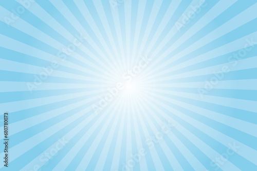 Sky blue sunburst background. Sunburst light background with blue ray. Aqua sun ray vector background. Radial beam sunrise retro design. Light sunburst glowing background.

