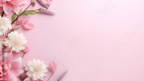 Banner with cherry blossoms on a light pink background. Springtime composition with copy space_Generative AI