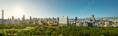 Panorama skyline of Osaka City View From Osaka Castle Tenshukaku.