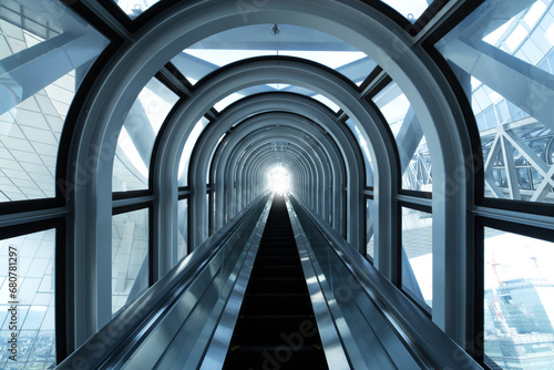 Long escalator ascent to the Umeda Sky Building.