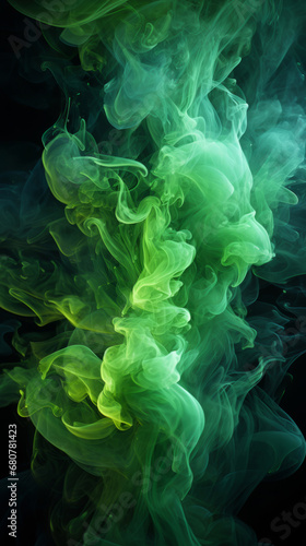Colourful smoke, incense or gas in a studio with dark background by mockup space for magic effect with abstract. Fog, steam or vapor mist moving in air for cloud smog pattern by black backdrop with b